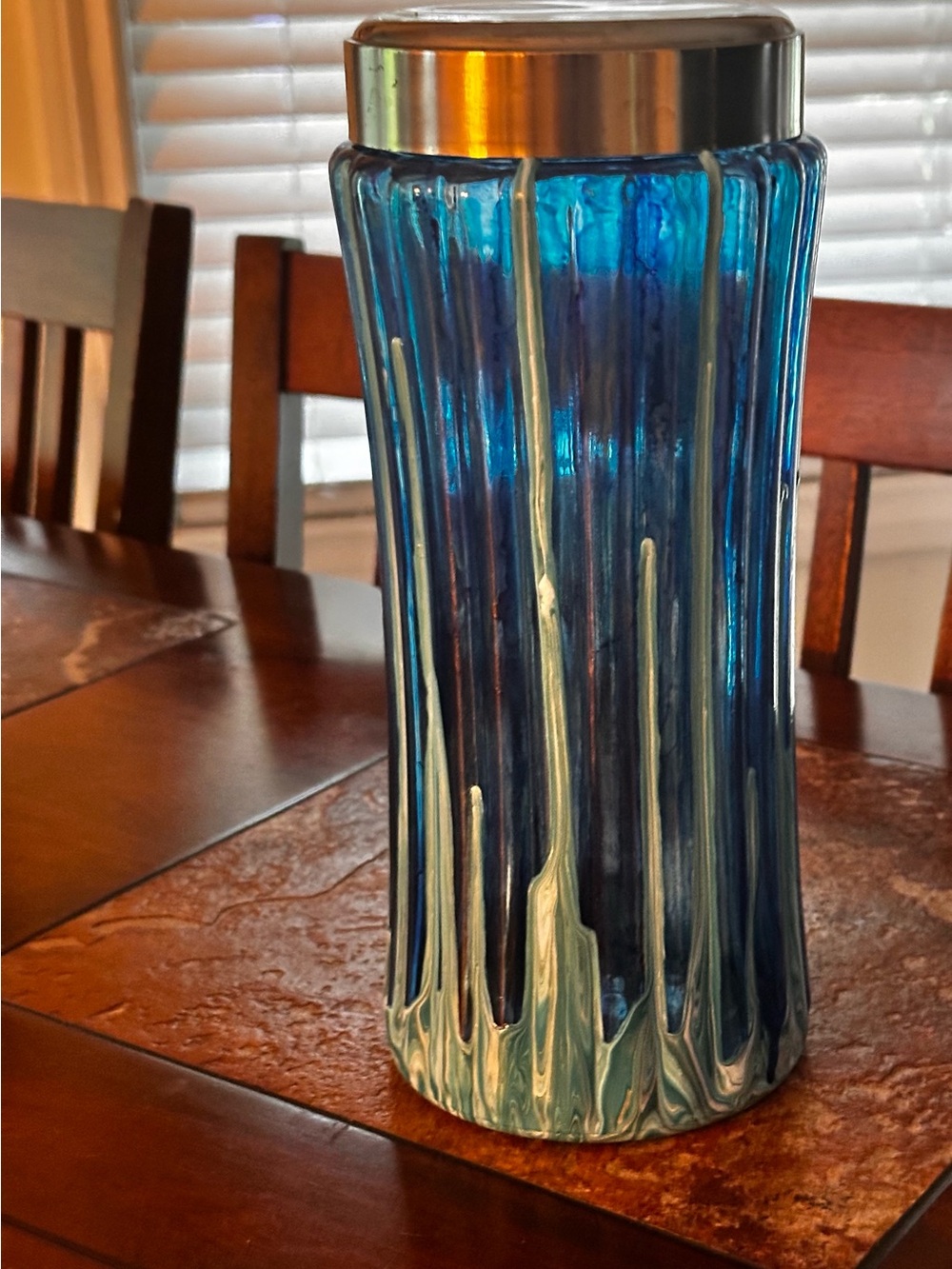Hand crafted Blue abstract Glass Decorative Vase with Silver lid